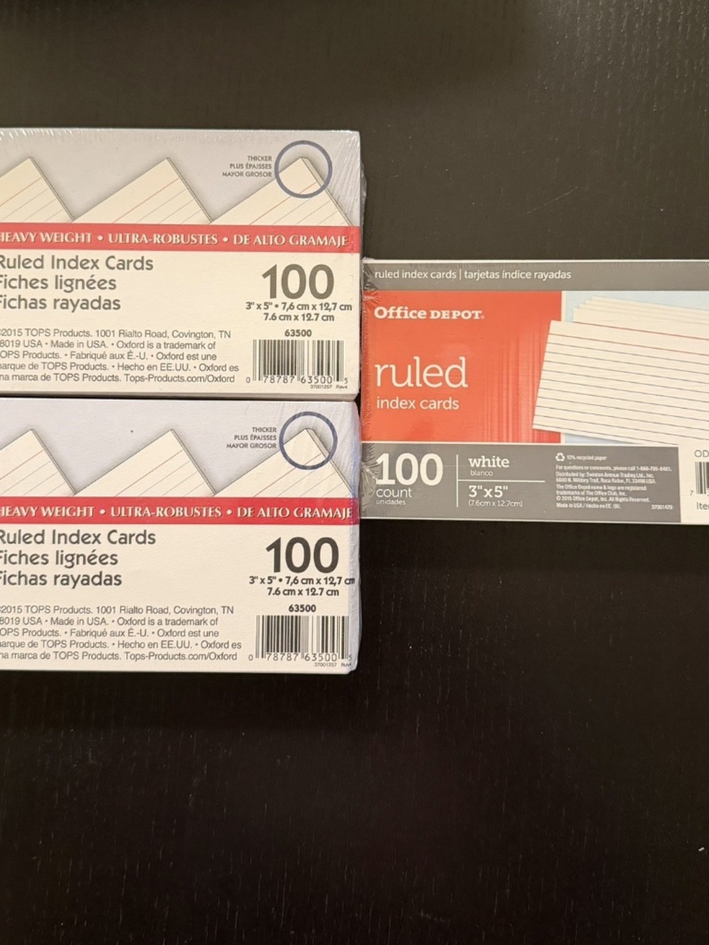 LOT OF 3 Oxford Heavyweight Ruled Index Cards Pack, 3" X 5", White, 300 Card